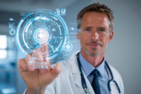 Doctor touching a medical interface in the hospital. Concept of new medical technologies and