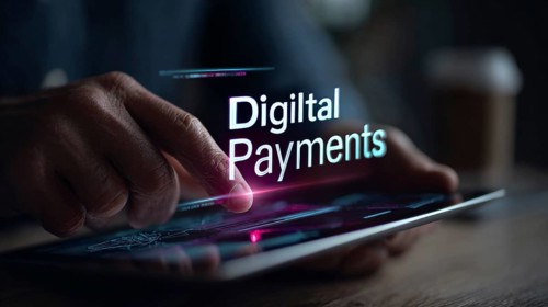 Businessman using tablet with digital payment technology and virtual screen hologram, AI generated