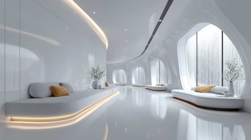 Bright futuristic living room with curved built-in sofa, oval windows create a glowing ambiance.