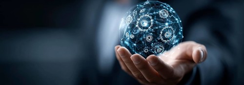 Businessman holding a digital sphere with global network and gears icons on a dark blue background,
