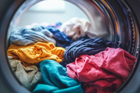 Dirty clothes in a laundry machine being washed and dried, AI generated