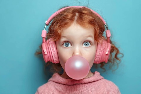 Child in a big headphones and bubble gum, AI generated