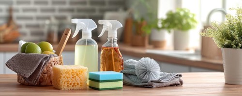 Cleaning set with products and tools on kitchen table, AI generated