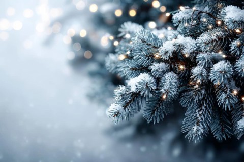 Christmas background. Xmas tree with snow decorated with garland lights, holiday festive