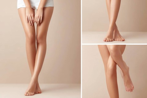 Collage of a clean shaved legs beautiful woman, concept of epilation and beauty spa treatment, AI