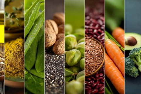 Collage healthy organic vegetables that improve digestion health and heart health, AI generated