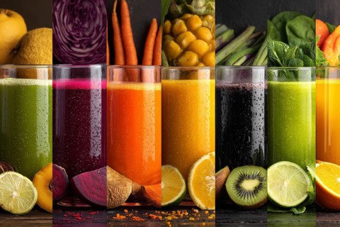 Collage healthy organic juices that improve digestion health and heart health, AI generated
