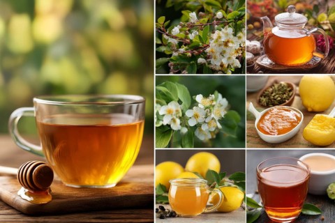 Collage healthy organic tea and healthy drinks, AI generated