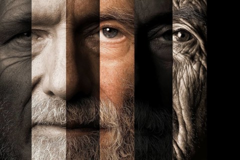 Collage of a face of the same person aging from young to old, AI generated
