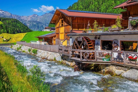 Old forge with water wheel on the Horlachbach, Niederthai in the Horlach Valley, side valley of the