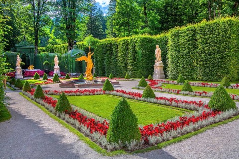 Baroque garden parterre on the west side of Linderhof Palace, Ettal, Ammertal, Upper Bavaria,
