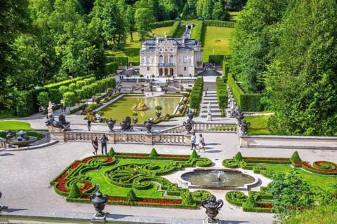 Baroque gardens at the Temple of Venus with a view of the water parterre and Linderhof Palace,