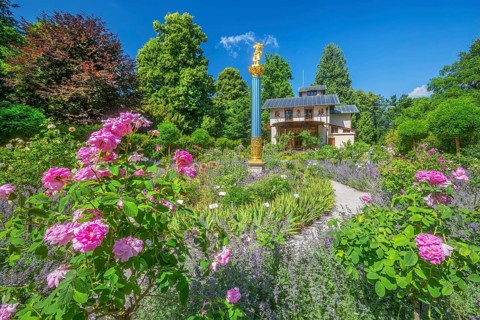 Rosarium with blooming roses in front of the Pompeian-Bavarian Casino on the Rose Island in Lake