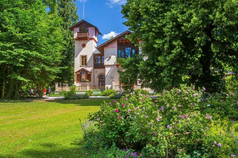 Pompeian-Bavarian casino on the Rose Island in Lake Starnberg, Feldafing, Upper Bavaria, Bavaria,
