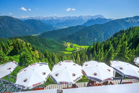 Mountain house terrace with view from the Laber to Ettal and the Wetterstein mountains with the