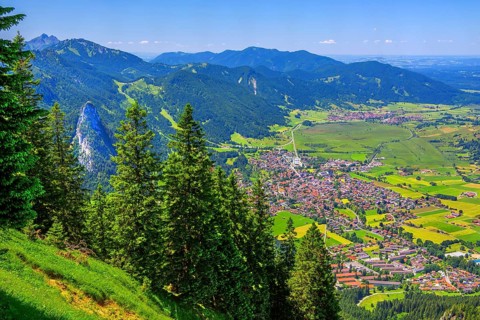 View from the Laber to the Kofel 1342m and the village, Oberammergau, Ammertal, Ammergebirge, Upper