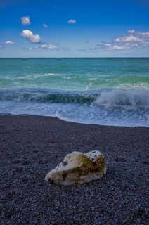 Rock on beach, pebble beach, surf, sea, clouds, Étretat, Normandy, Seine-Maritime, France