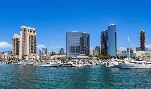 USA, California, San Diego Bay marina and Seaport Village in downtown near Gaslamp Quarter