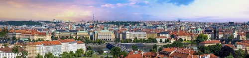 Czechia, Panoramic view of Prague, bridges over Vlatva river and Prague Old city