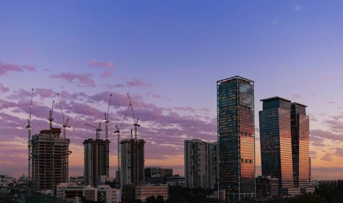Israel, Tel Aviv financial business district skyline with shopping malls and high tech offices