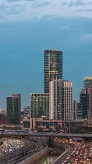 Israel, Tel Aviv financial business district skyline with shopping malls and high tech offices