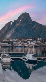 Beautiful Reine fishing village, scenic dramatic views of Lofoten islands in Norway