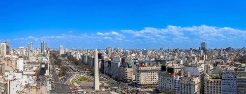 Panoramic cityscape and skyline view of Buenos Aires near landmark obelisk on 9 de Julio Avenue
