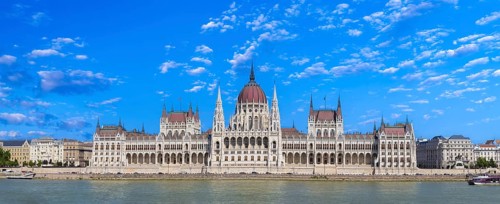 Hungary, panoramic view of the Parliament and Budapest city skyline of historic center