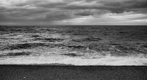 Surf, beach, pebble beach, Étretat, sea, clouds, black and white, Normandy, Seine-Maritime, France