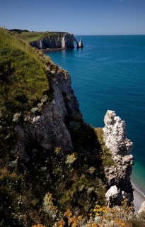 Rock arch Falaise or Porte d'Aval and rock needle Aiguille, Étretat, sea, steep coast, cliffs,