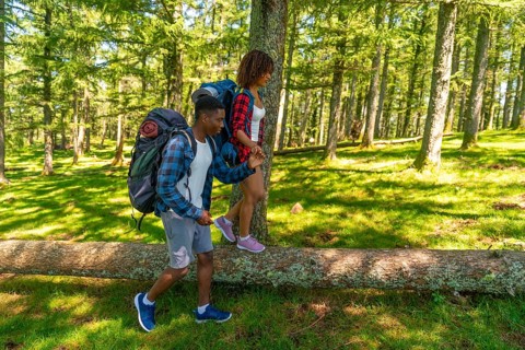 Young backpacking couple carefully balancing on a fallen tree trunk while hiking through a lush
