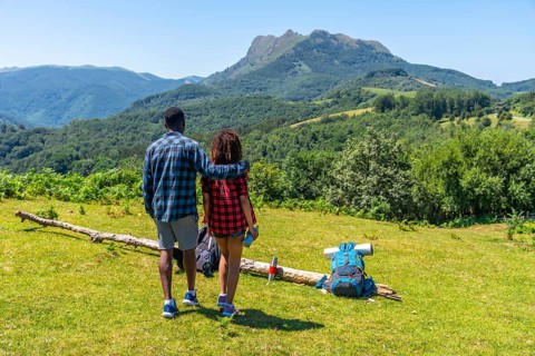 Couple admiring breathtaking mountain landscape during summer hike, enjoying the peace and beauty