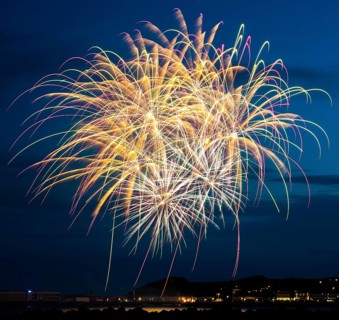 Bright, atmospheric, splendid and intense fireworks display with many illuminated sheaves for the