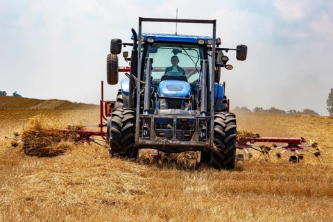 Hastings, Michigan - A farmer uses a New Holland ProTed 3625 tedder to aerate her crop. A tedder