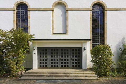 Protestant church, church, sacred building, church square, entrance, doors, detail, window,