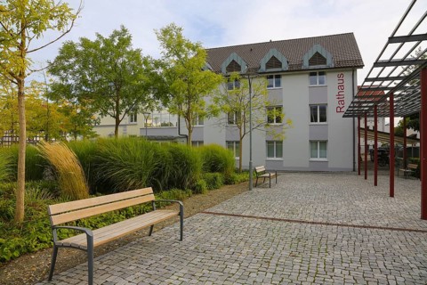 Town hall, paving stones, trees, house, building, bench, Oberuhldingen district,