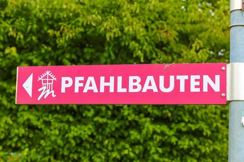 Sign, signpost, pile dwellings, arrow, writing, letters, Oberuhldingen district,