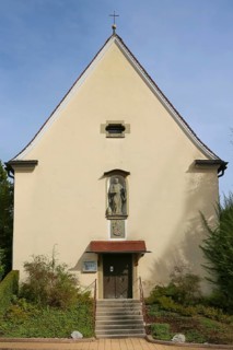 Chapel of St Wolfgang Oberuhldingen, built in 1711, stone figure of St Wolfgang depicted as a