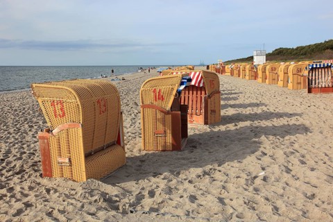 Empty, locked beach chairs on the beach, beach chair, sandy beach, Baltic Sea, Poel island,