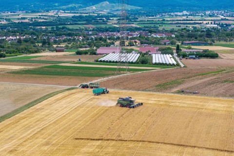 Extensive agricultural landscape with combine harvesters and tractors and fields against a mountain