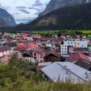 An evening atmosphere above the old town center of Oetz in Ötztal, Tyrol, Austria
