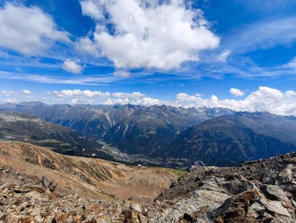 Scenic view from Gaislachkogel over the Ötztal Alps and down into the Ötztal near Sölden, Tyrol,
