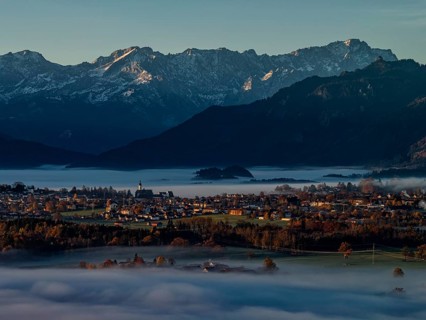 City, church, mountains, sunny, morning light, autumn, autumn color, fog, aerial view, Murnau,