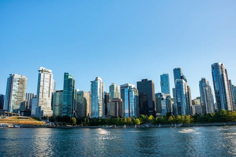 Skyline, skyscrapers on the promenade, Coal Harbour, Vancouver, British Columbia, Canada