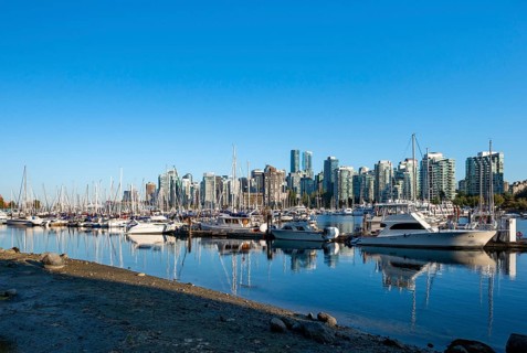 Skyscrapers yachts and sailboats in the marina, Vancouver skyline reflected in the ocean, Coal