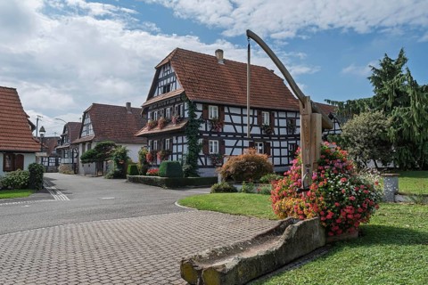 The street village of Hohwiller, in German Hohweiler, Alsace, France