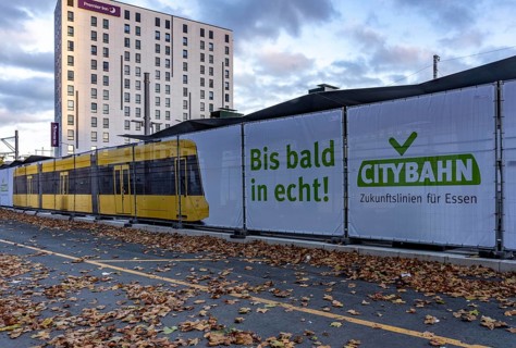Construction site of the stop at the main train station, for the new city railway, visualization of