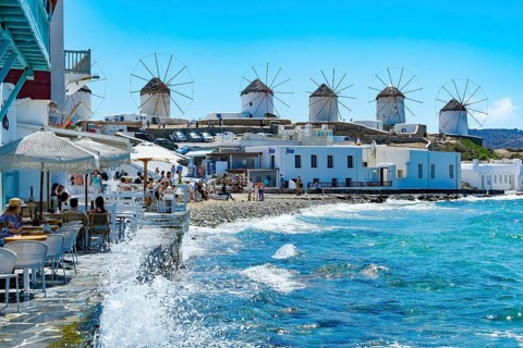 Mykonos, Cyclades, Greece - The six sixteenth-century windmills, lined up on a hill above Mykonos