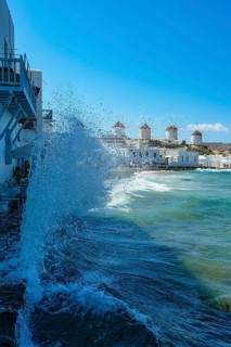 Mykonos, Cyclades, Greece - The six sixteenth-century windmills, lined up on a hill above Mykonos