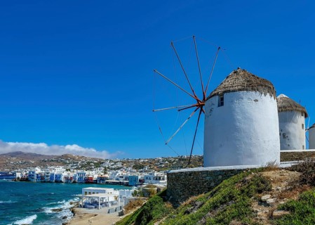 Mykonos, Cyclades, Greece - The six sixteenth-century windmills, lined up on a hill above Mykonos